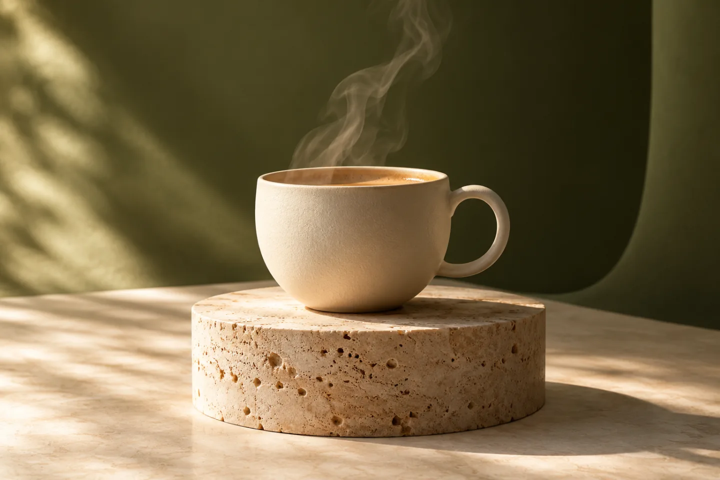 An ivory ceramic cup and rising steam on a sunlit stone pedestal
