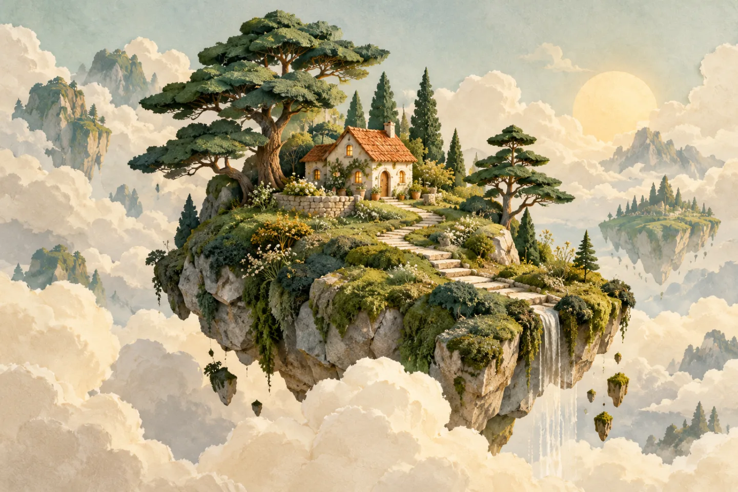 A paper-cut cottage and pine trees on a floating garden among clouds