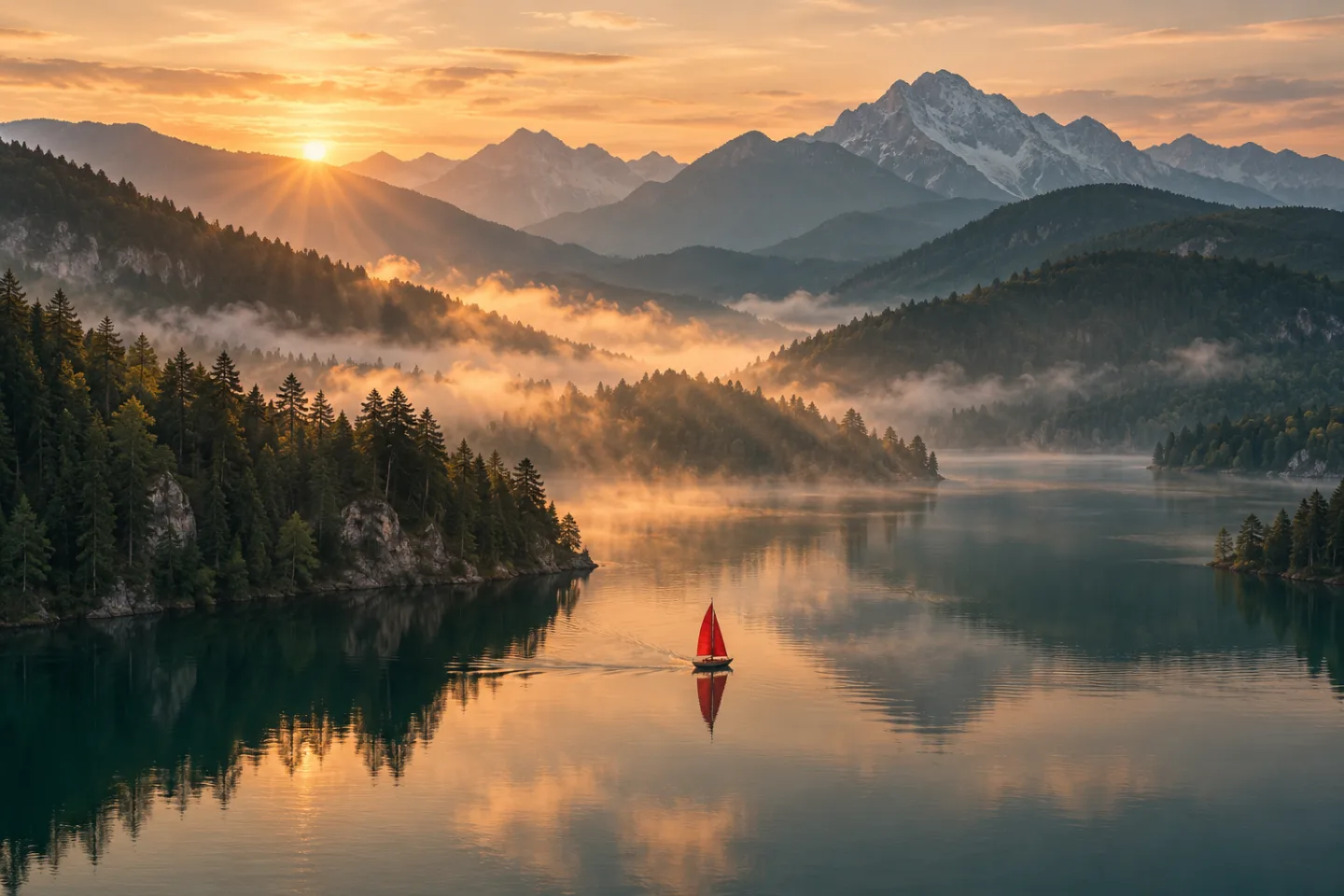 A red sailboat on a misty mountain lake in soft morning light
